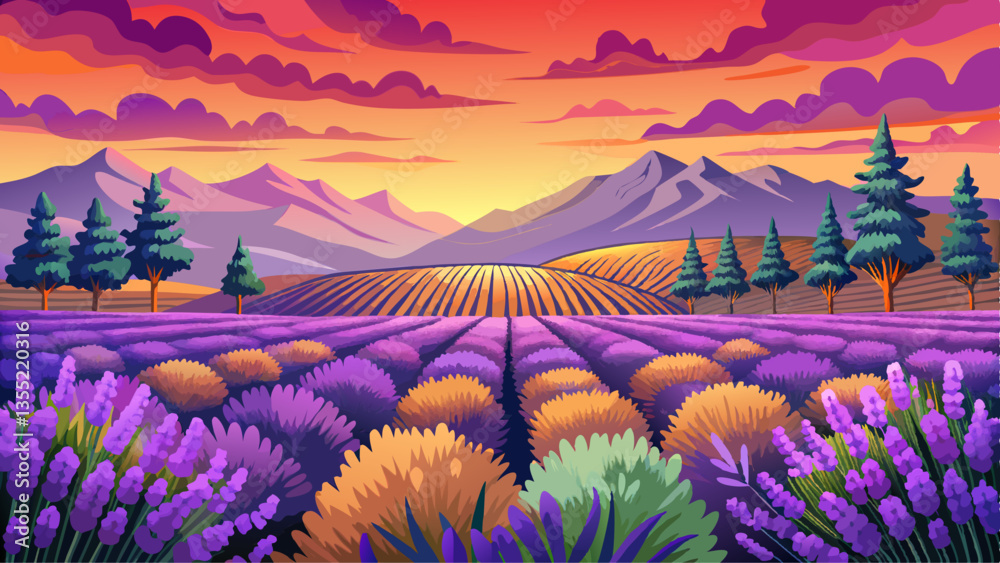 Lavender flowers - Sunset over a summer purple lavender field . Bunch of scented flowers in the lavanda fields of the French Provence near