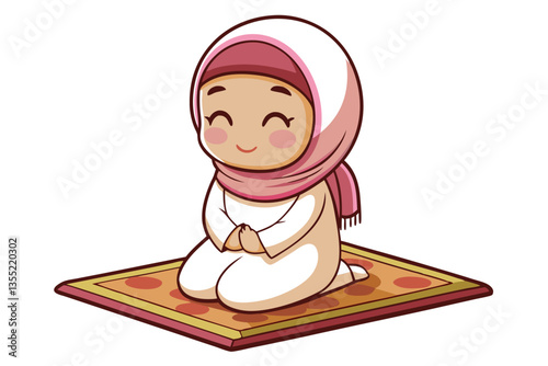 Cute Muslim Girl Cartoon Character Kneeling on Prayer Rug Smiling Adorable Expression