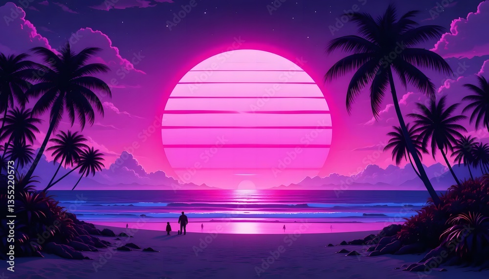 Naklejka premium Dreamy Sunset Island with Palm Trees and Reflections in a Vibrant Sky