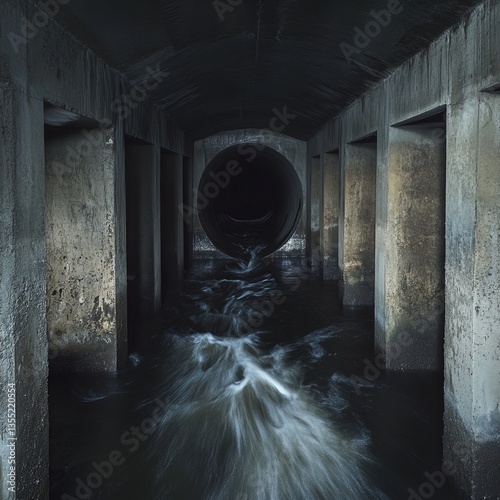 Wallpaper Mural A view of an underground sewer with large pipes carrying wastewater, the thick walls made of concrete, water flowing steadily in the dark, industrial and efficient. Torontodigital.ca
