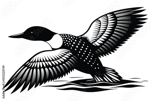 Detailed Loon in Flight Over Water Bold Black and White Bird Style