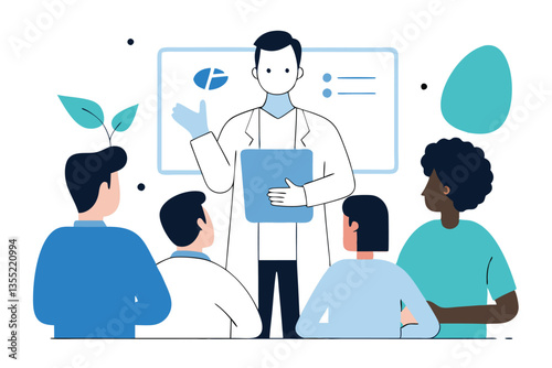 Doctor Presentation To Multiethnic Audience With Whiteboard And Plant Growing
