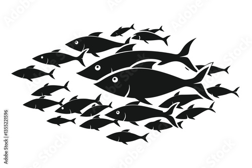 Fish School Silhouette, Swimming Together, Monochrome Fish Shoal, Marine Life, Ocean Group