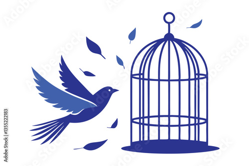 Flying Away Blue Bird Escaping a Cage Silhouette, Minimalist Style, Freedom Concept