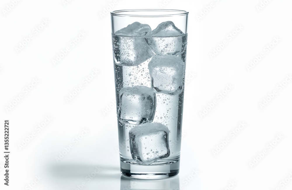 Glass of sparkling water with ice cubes on white background. Refreshing drink, hydration concept. Cold beverage for summer heat. Clear, fresh, cool drink, thirst quencher. Glass of sparkling water with ice cubes on white background. Refreshing drink, hydration concept. Cold beverage for summer heat. Clear, fresh, cool drink, thirst quencher.