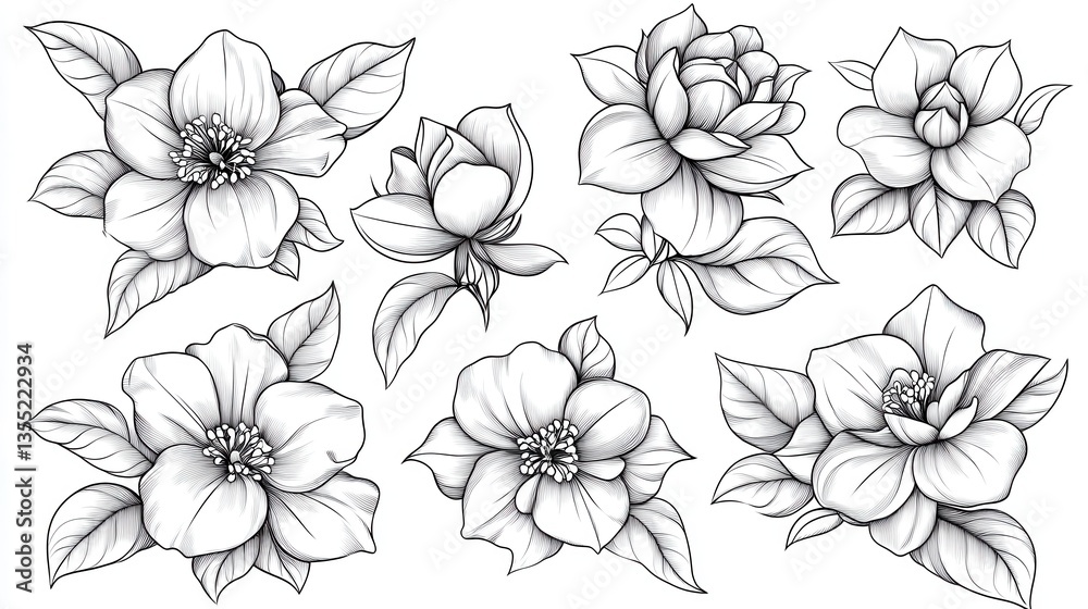 Obraz premium Blooming Beauty Collection of Elegant Camellia Line Art.