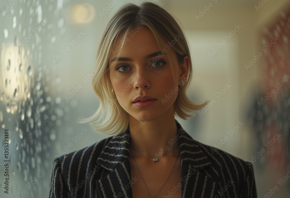 Fototapeta premium Young woman with pensive expression against a rain-drenched window 