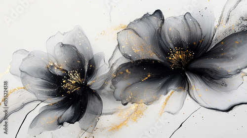 Czarne abstrakcyjne kwiaty na białym tle, tło dla projektu generative ai.  © Elżbieta Kaps