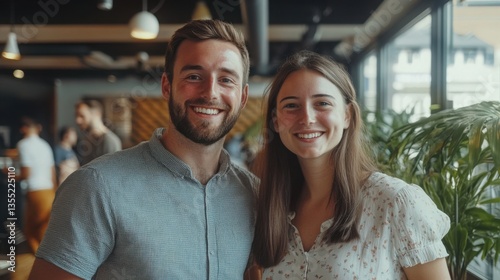 A happy young couple smiles warmly at the camera in a modern, bright office setting with blurred colleagues in the background showcasing teamwork and collaboration.