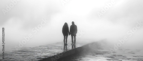 A couple, silhouetted, hand-in-hand, walks into a dense fog, the path ahead obscured by the mist.  Their journey is mysterious
