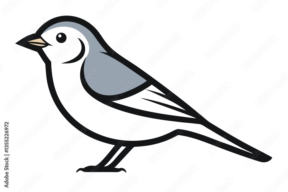 Fototapeta premium Simple Bird Cute Sparrow, Black Outline, White Body, Gray Wing Patch