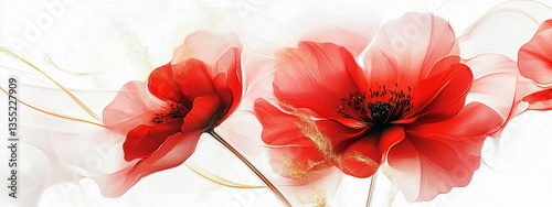 Baner czerwone abstrakcyjne kwiaty na białym tle, tło dla projektu reklamy, generative ai  © Elżbieta Kaps