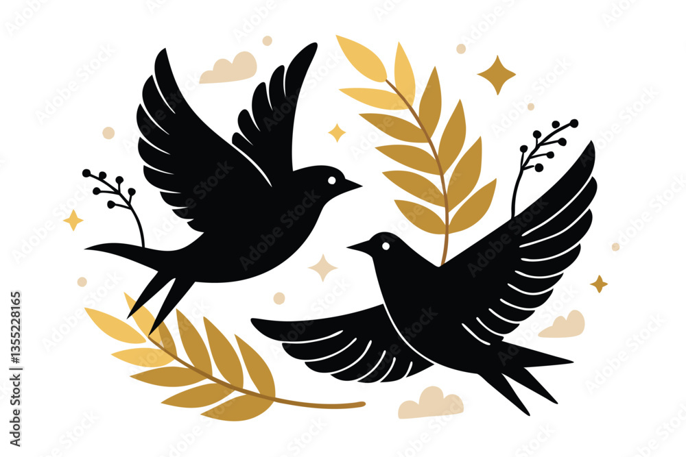 Obraz premium Two Black Flying Birds with Gold Leaves & Stars Minimalist Style 82 Chars