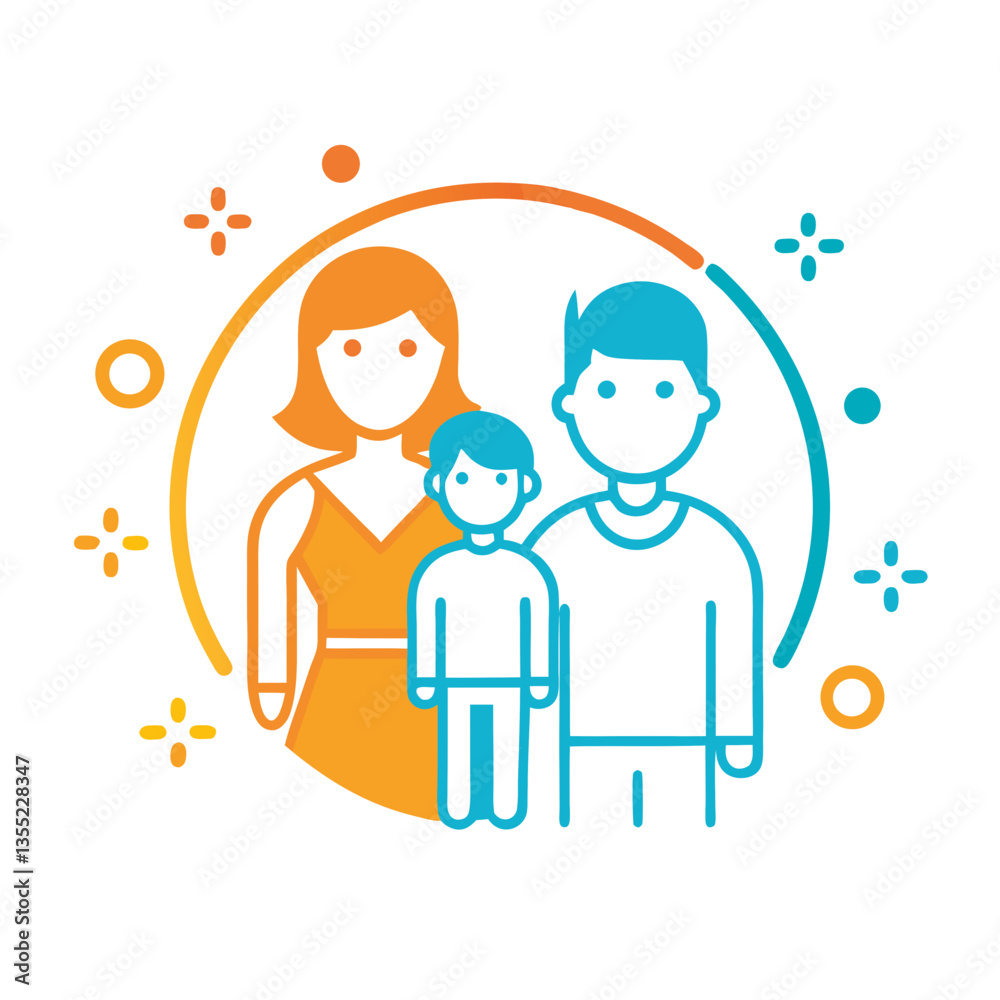 Illustrated family portrait with two adults and one child in minimalist style