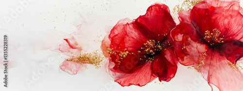 Panel kuchenny z motywem Baner czerwone abstrakcyjne kwiaty na białym tle, tło dla projektu reklamy, generative ai 