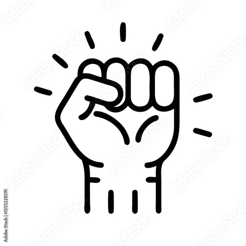 Raised fist symbolizing strength and solidarity in black and white outline vector