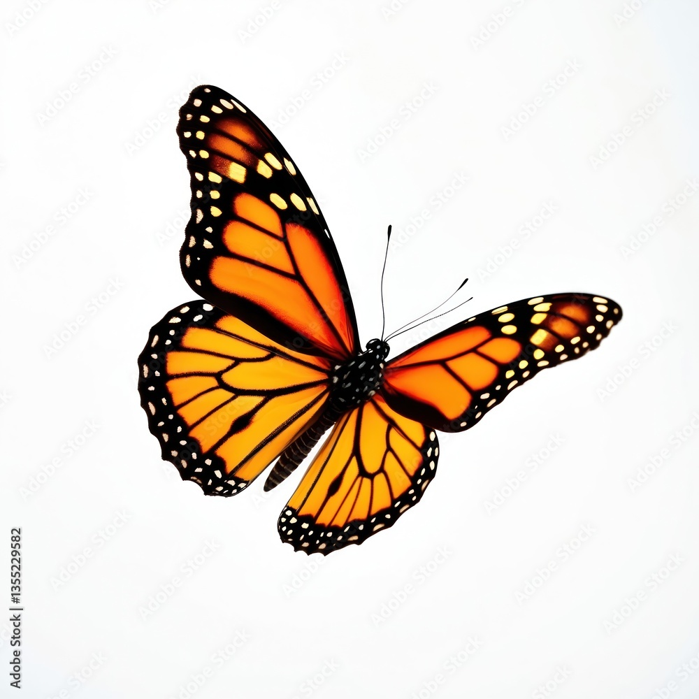 Fototapeta premium Orange black butterfly isolated on white. Insect, fauna, flying wing pattern. Macro photo details summer nature. Wildlife animal. Decorative design, elegance, beauty.