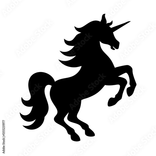 a majestic unicorn silhouette in a dynamic pose, with its head held high and its horn pointed skyward. Its flowing mane and tail add to its elegance and grace