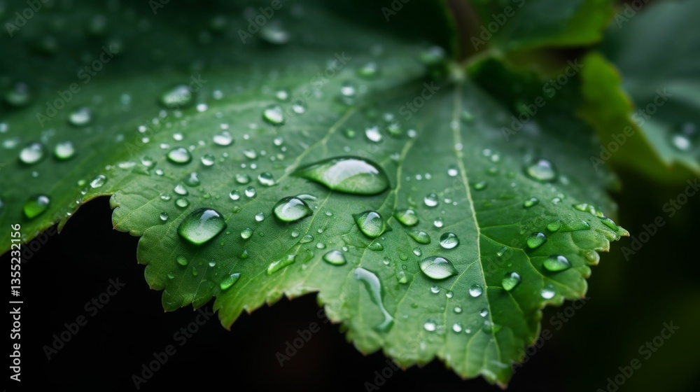 Raindrops on a vibrant green leaf close-up. Raindrops on a vibrant green leaf close-up.