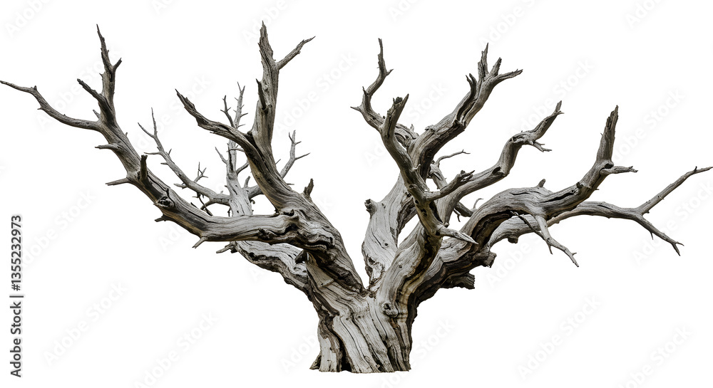 Fototapeta premium Striking silhouette of weathered, ancient tree with gnarled branches against stark white background