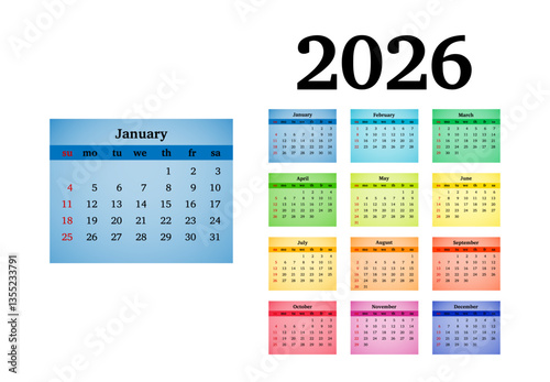 Calendar for 2026 isolated on a white background
