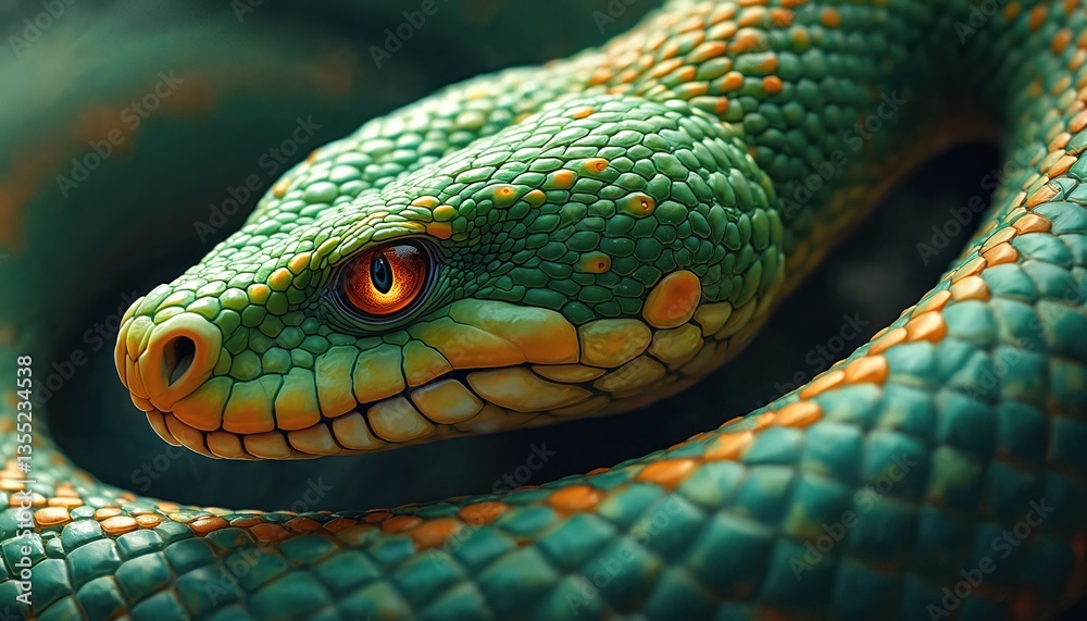 Fototapeta premium Illustration of vibrant green snake. Detailed scales, captivating eye, reptilian skin texture in Chinese painting, Anime game, Comic style. Wildlife theme, danger, wild nature.