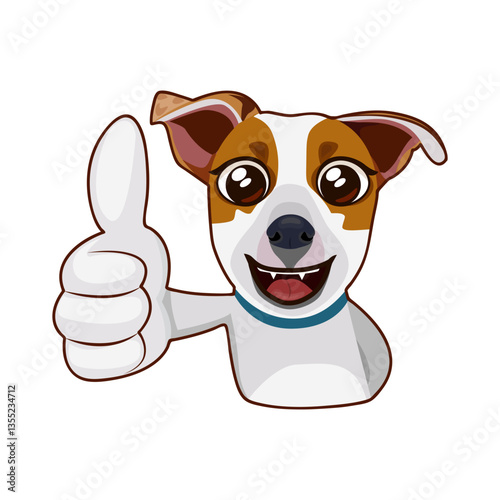 A cartoon dog that smiles and shows a like with a raised finger is highlighted on a white background. Vector image