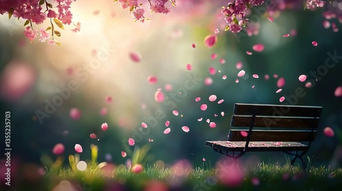   A park bench, nestled amidst pink flowers, basks in the sun's warm embrace on a breezy day