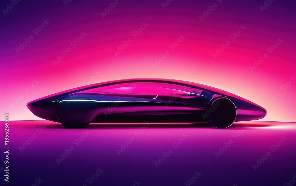 A futuristic concept car with a sleek, aerodynamic design and a smooth, continuous body set against a neon gradient background in shades of purple and pink. A futuristic concept car with a sleek, aerodynamic design and a smooth, continuous body set against a neon gradient background in shades of purple and pink.