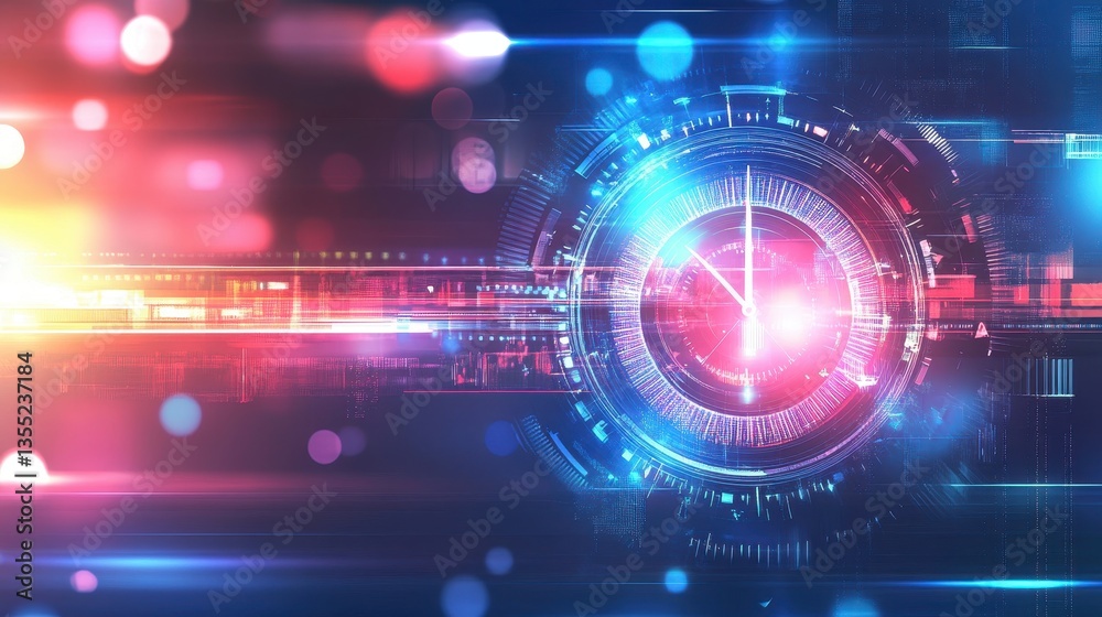 Fototapeta premium Tech Time Warp Digital Clock in Abstract Cyberspace.