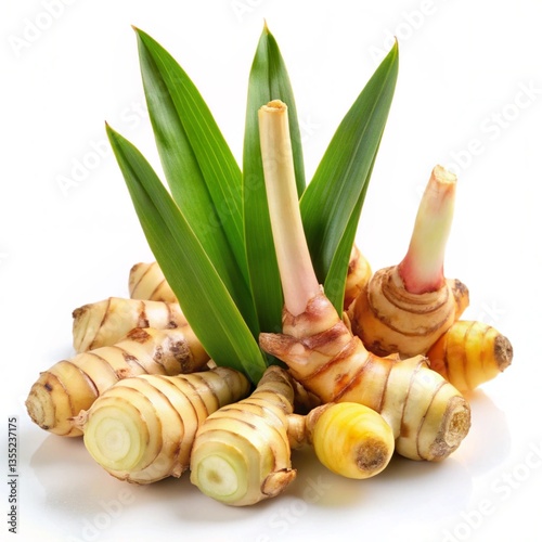 Fresh galangal herb isolated on white background.