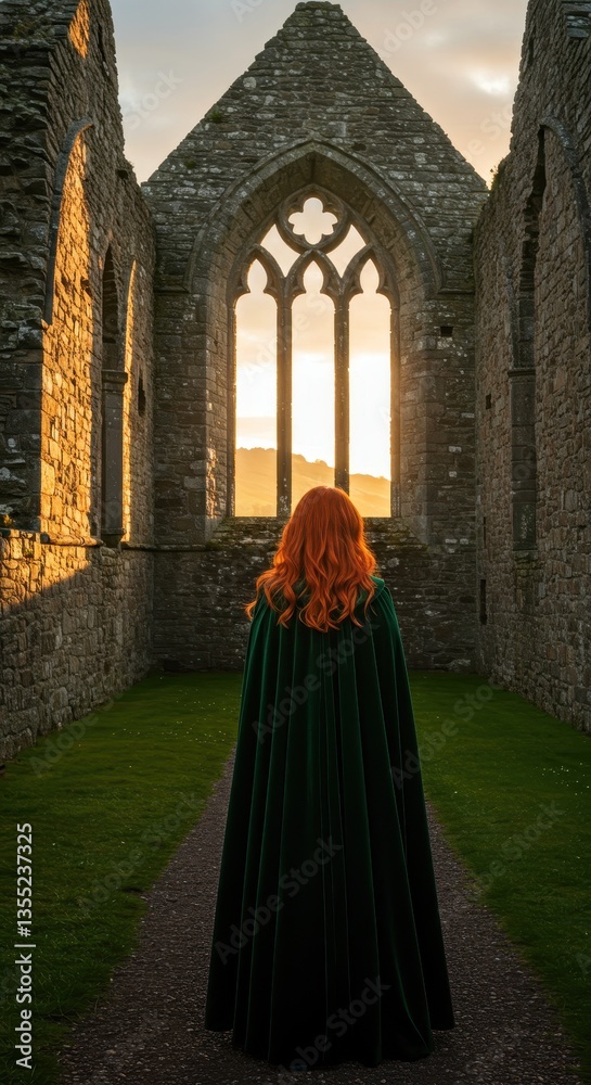 Naklejka premium Sunset Silhouette: A Woman in Green at a Historic Abbey