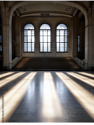 An elegant architectural interior showcasing strong light beams through large windows : Generative AI