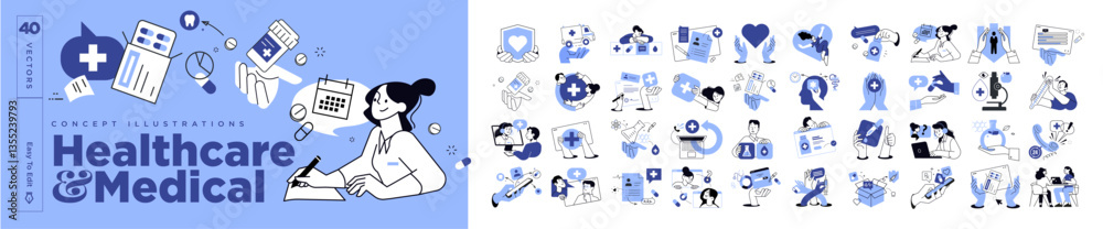 Fototapeta premium Healthcare and medical concept illustrations. Set of people vector illustrations in various activities of medicine, healthcare, medical diagnosis and treatment, pharmacy, online medical support.