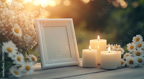 Obituary background for posters. Funeral composition with flowrs and candles. Funeral poster, banner background, space for text, burning candles, funeral concept. Memorial card, funeral invitation