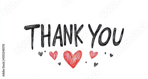 Thank you written in black letters with a red heart, isolated on a white background, cute and friendly digital art