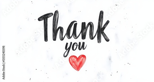 Thank you written in black letters with a red heart, isolated on a white background, cute and friendly digital art