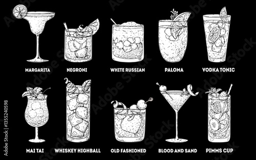 Alcoholic cocktails sketch. Hand drawn vector illustration. Cocktail glass set. Cognac, brandy, vodka, tequila, whiskey, champagne, wine cocktails.