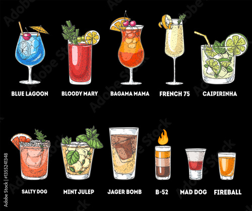 Alcoholic cocktails hand drawn vector illustration. Cocktail glass set. Cognac, brandy, vodka, tequila, whiskey, champagne, wine cocktails.