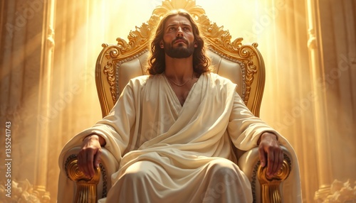 Jesus Christ sits on throne, looks upwards toward heaven. Golden throne, white robe. Religious figure, savior, symbol of faith, hope. Spiritual leader, divine light. Christianity, faith, belief,