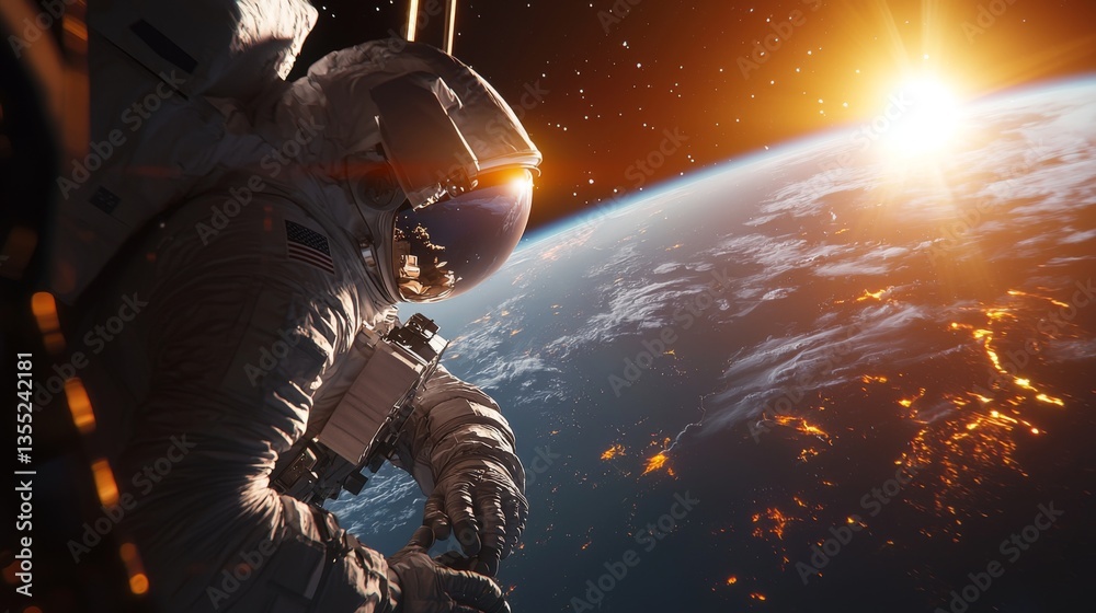 Fototapeta premium Astronaut Gazing at Earth During Sunrise in Space, Capturing the Beauty of the Planet and Cosmic Wonder
