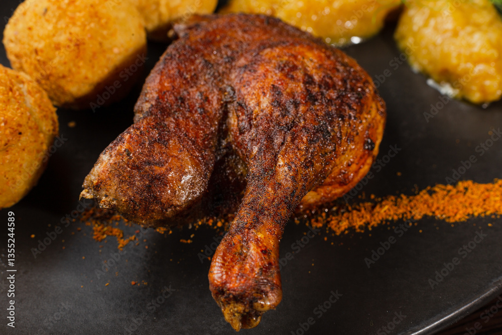 Very healthy roast duck thigh with potatoes and greens on a black plate on a wooden table serving in a restaurant. duck closeup