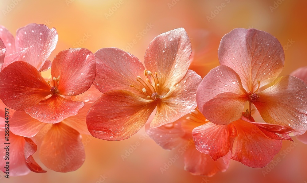 custom made wallpaper toronto digitalDelicate coral flowers with dew drops, softly lit against a warm, blurred background