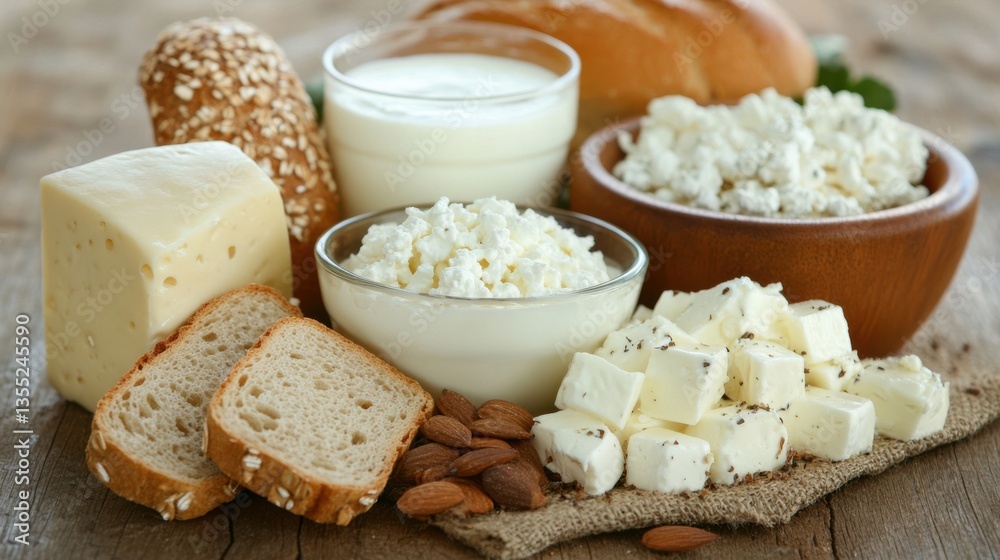 Fresh Dairy Products and Breads on Wooden Table with Nuts and Herbs for Healthy Lifestyle Fresh Dairy Products and Breads on Wooden Table with Nuts and Herbs for Healthy Lifestyle