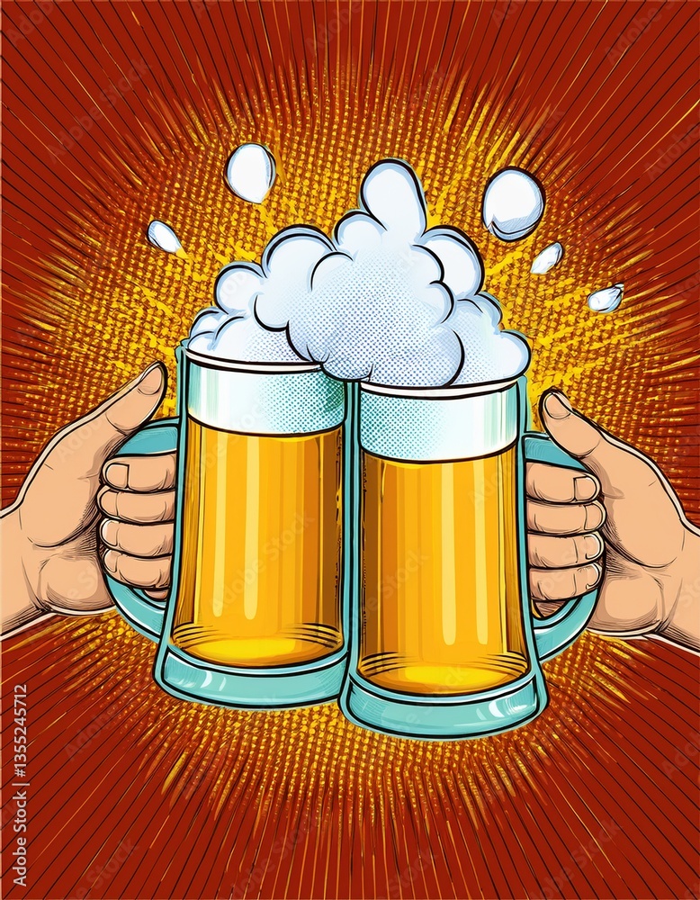 Two hands clinking beer mugs with a splash of foam. Poster for beer party, bar or pub. Pop art vector illustration.