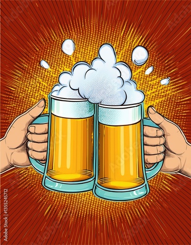 Obraz na płótnie Two hands clinking beer mugs with a splash of foam. Poster for beer party, bar or pub. Pop art vector illustration. w salonie