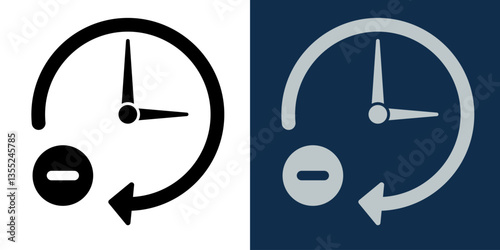 Clock with arrow and minus sign, time management, schedule adjustment, event removal, reduce deadline, decrease time, deadline management, productivity, workflow optimization, black and white