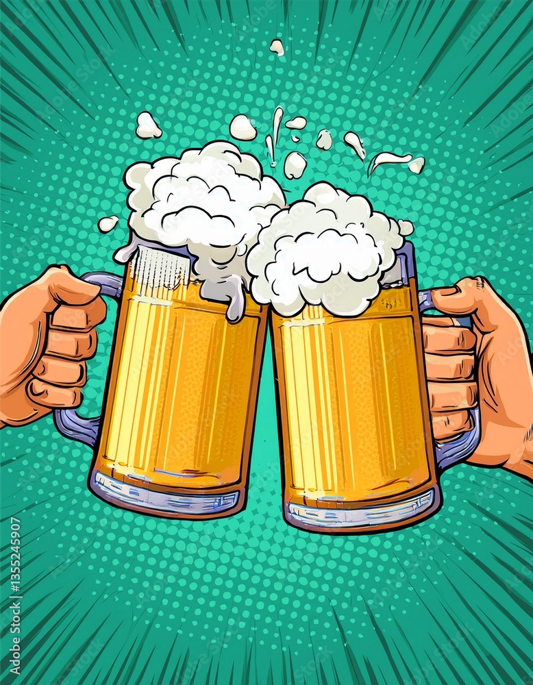 Two hands clinking beer mugs with a splash of foam. Poster for beer party, bar or pub. Pop art vector illustration.