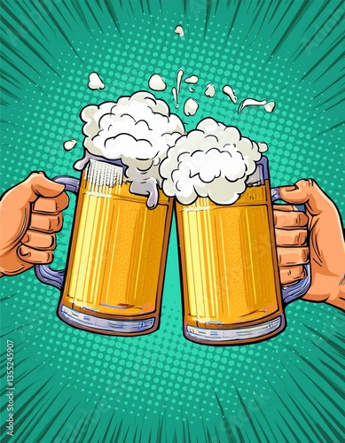 Obraz na płótnie Two hands clinking beer mugs with a splash of foam. Poster for beer party, bar or pub. Pop art vector illustration. w salonie