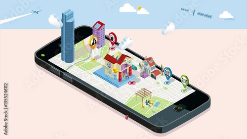 City map with GPS services Icons on  Smartphone. On it screen a map of the city, where  appear pins with the location of different service icons and some buildings and people. 2D animation